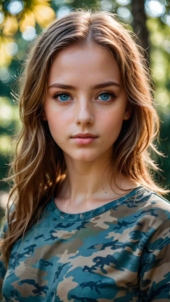 young girl, in a plain camouflage shirt, blue eyes, straight amber hair, ((perfect detailed photo))