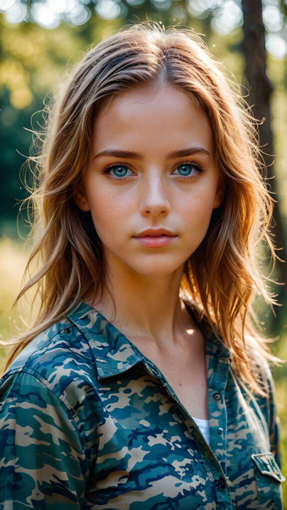 young girl, in a plain camouflage shirt, blue eyes, straight amber hair, ((perfect detailed photo))