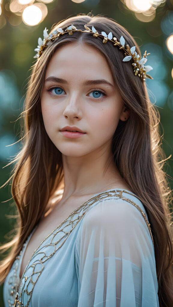 young girl looks like Artemis, detailed photo, straight hair, light blue eyes, (round angelic face), ((stunning)) ((gorgeous))