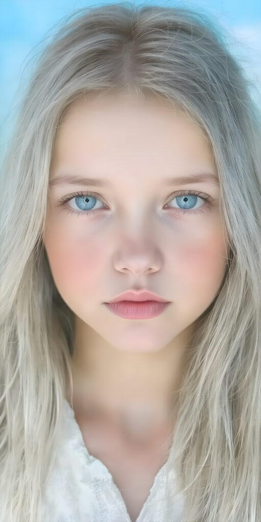 young girl with long, flowing white hair, distinctive light blue eyes, and delicate, pale skin. Her features are rendered with great detail, especially her lips, which are full and painted in a realistic (pale) pink color. The girl is dressed in a traditional (white and light blue dress). The girl's face is perfectly drawn with great detail, showing a serene and natural expression. (((extremely detailed and vivid colors))). The image should be clear and colorful, with a (bright blue sky) that stands out, highlighting the ((distinctive features)) of the (Ainu) people.