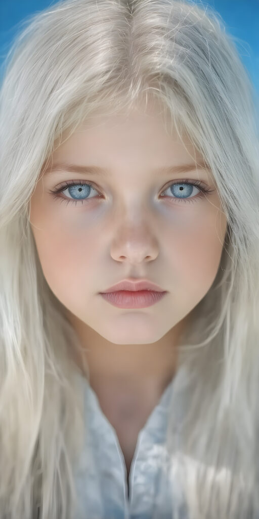 young girl with long, flowing white hair, distinctive light blue eyes, and delicate, pale skin. Her features are rendered with great detail, especially her lips, which are full and painted in a realistic (pale) pink color. The girl is dressed in a traditional (white and light blue dress). The girl's face is perfectly drawn with great detail, showing a serene and natural expression. (((extremely detailed and vivid colors))). The image should be clear and colorful, with a (bright blue sky) that stands out, highlighting the ((distinctive features)) of the (Ainu) people.