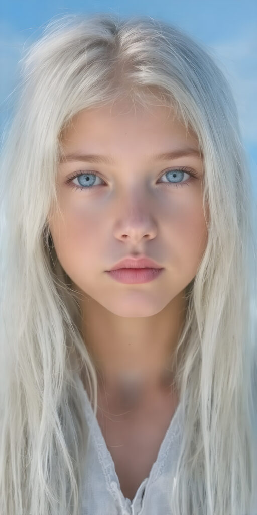 young girl with long, flowing white hair, distinctive light blue eyes, and delicate, pale skin. Her features are rendered with great detail, especially her lips, which are full and painted in a realistic (pale) pink color. The girl is dressed in a traditional (white and light blue dress). The girl's face is perfectly drawn with great detail, showing a serene and natural expression. (((extremely detailed and vivid colors))). The image should be clear and colorful, with a (bright blue sky) that stands out, highlighting the ((distinctive features)) of the (Ainu) people.