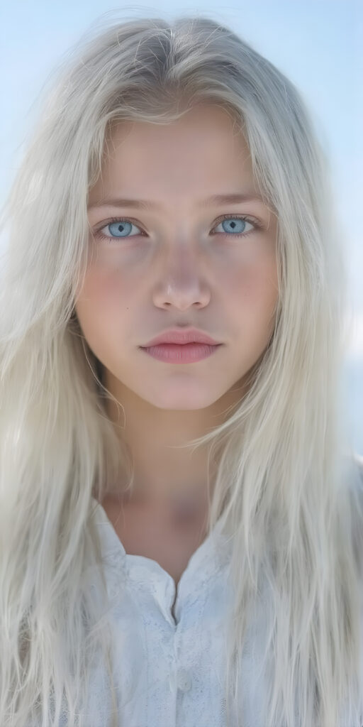 young girl with long, flowing white hair, distinctive light blue eyes, and delicate, pale skin. Her features are rendered with great detail, especially her lips, which are full and painted in a realistic (pale) pink color. The girl is dressed in a traditional (white and light blue dress). The girl's face is perfectly drawn with great detail, showing a serene and natural expression. (((extremely detailed and vivid colors))). The image should be clear and colorful, with a (bright blue sky) that stands out, highlighting the ((distinctive features)) of the (Ainu) people.