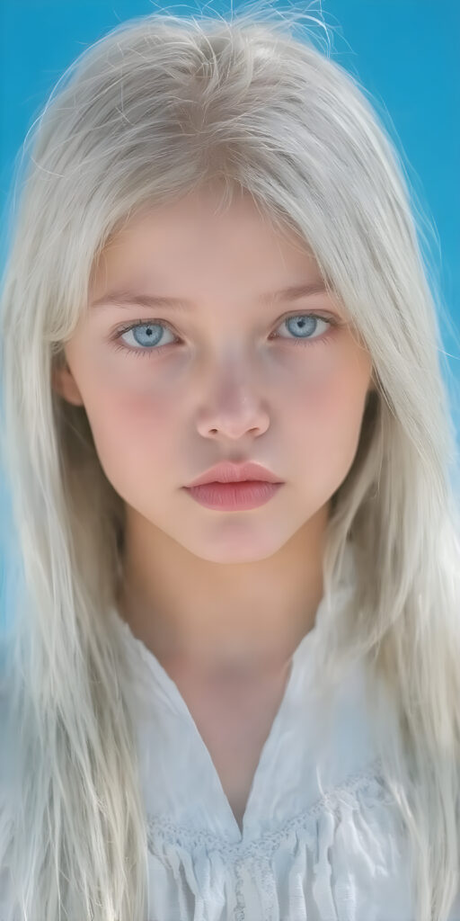 young girl with long, flowing white hair, distinctive light blue eyes, and delicate, pale skin. Her features are rendered with great detail, especially her lips, which are full and painted in a realistic (pale) pink color. The girl is dressed in a traditional (white and light blue dress). The girl's face is perfectly drawn with great detail, showing a serene and natural expression. (((extremely detailed and vivid colors))). The image should be clear and colorful, with a (bright blue sky) that stands out, highlighting the ((distinctive features)) of the (Ainu) people.