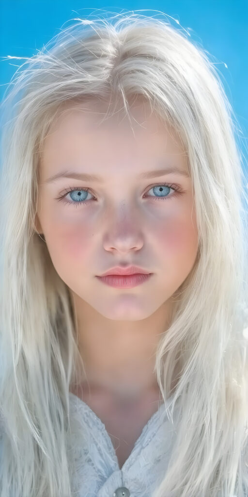 young girl with long, flowing white hair, distinctive light blue eyes, and delicate, pale skin. Her features are rendered with great detail, especially her lips, which are full and painted in a realistic (pale) pink color. The girl is dressed in a traditional (white and light blue dress). The girl's face is perfectly drawn with great detail, showing a serene and natural expression. (((extremely detailed and vivid colors))). The image should be clear and colorful, with a (bright blue sky) that stands out, highlighting the ((distinctive features)) of the (Ainu) people.