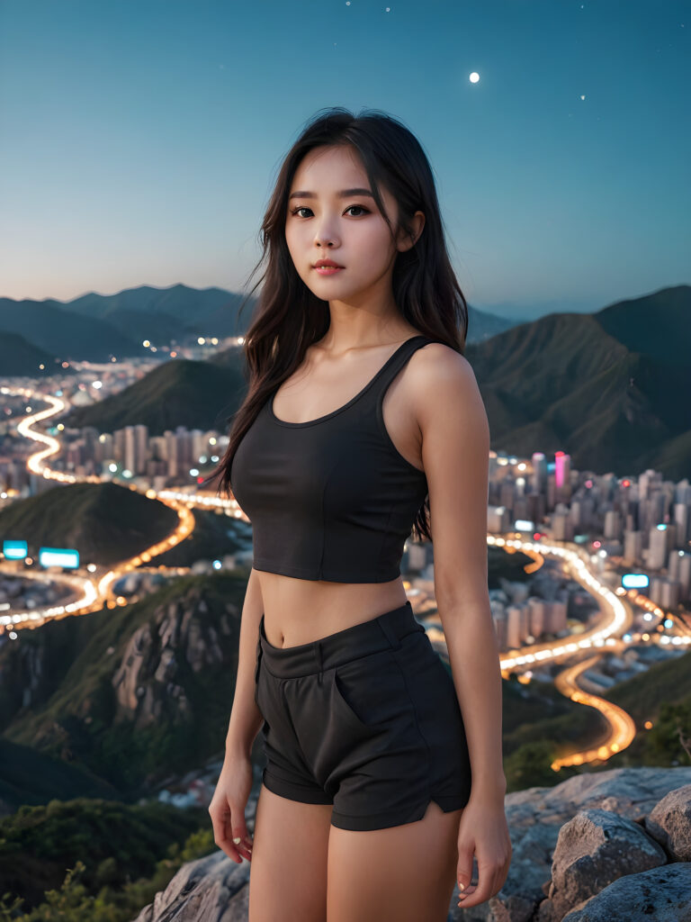 young, pretty Korean girl with long black hair and a short tank top stands on a mountain. A futuristic city can be seen in the background. It is night and the moonlight illuminates the picture a little.