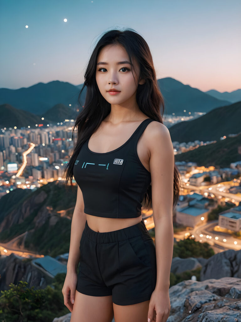 young, pretty Korean girl with long black hair and a short tank top stands on a mountain. A futuristic city can be seen in the background. It is night and the moonlight illuminates the picture a little.