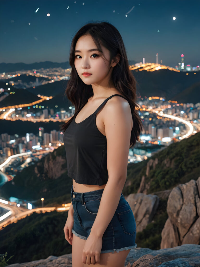 young, pretty Korean girl with long black hair and a short tank top stands on a mountain. A futuristic city can be seen in the background. It is night and the moonlight illuminates the picture a little.